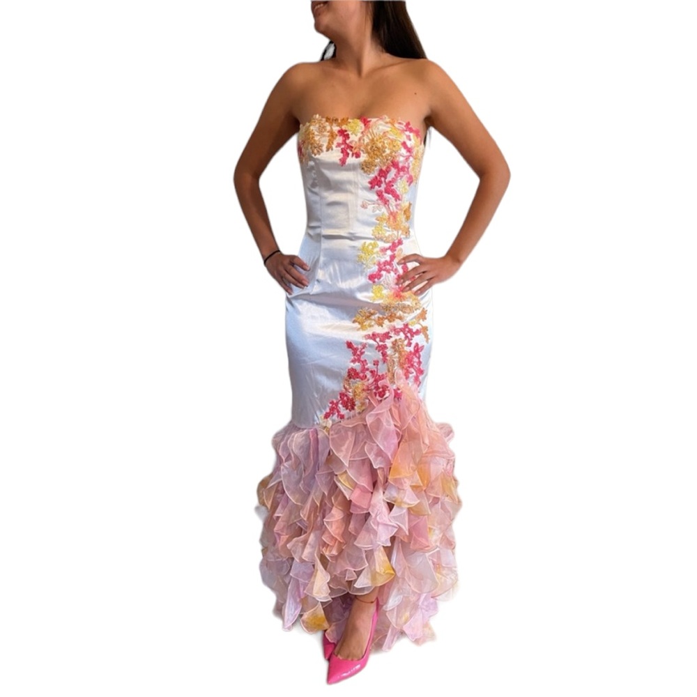 Jovani Strapless Floral Gown - White, Pink, Gold
